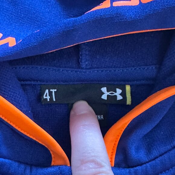 Under Armour Hoodie Boys 4 Navy Neon Orange Full Zip Long Sleeves Logo Pockets - Picture 4 of 9